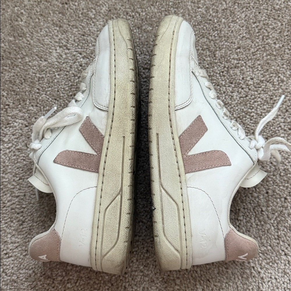 Veja V-12 Leather Suede White Sneakers in Babe Pink - Picture 4 of 10